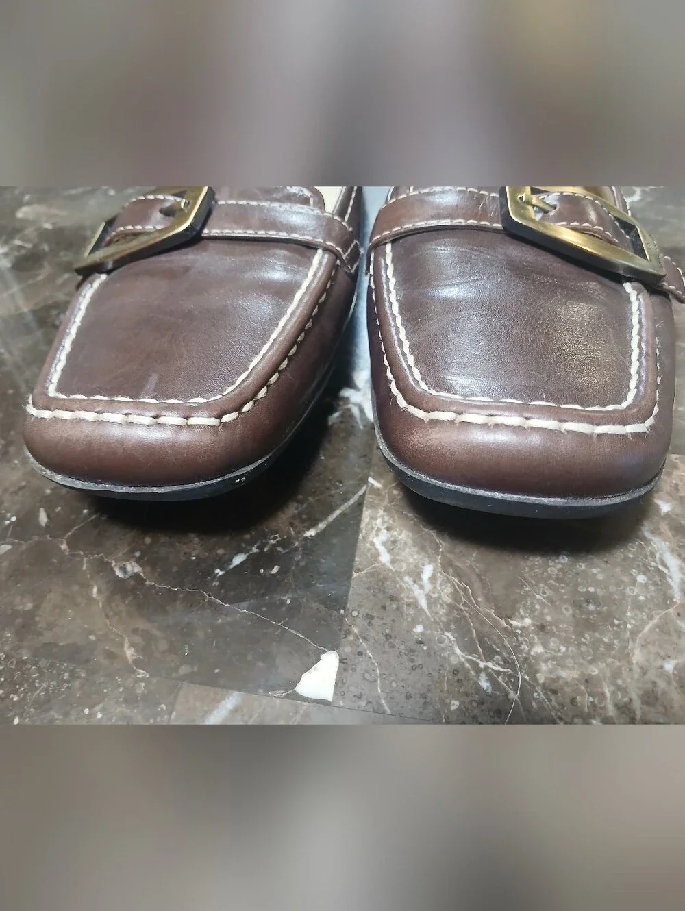 Anne Klein Brown Leather Loafers with Brass Buckle